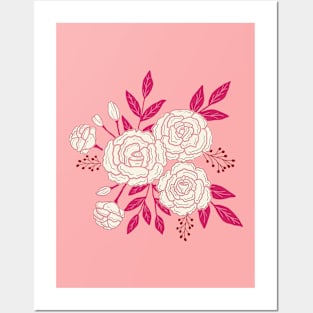 Delicate roses - White on pink background Posters and Art